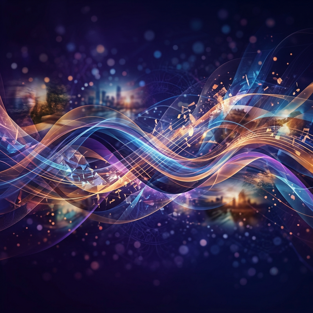 Abstract flowing waves with musical notes and colorful light trails on dark background